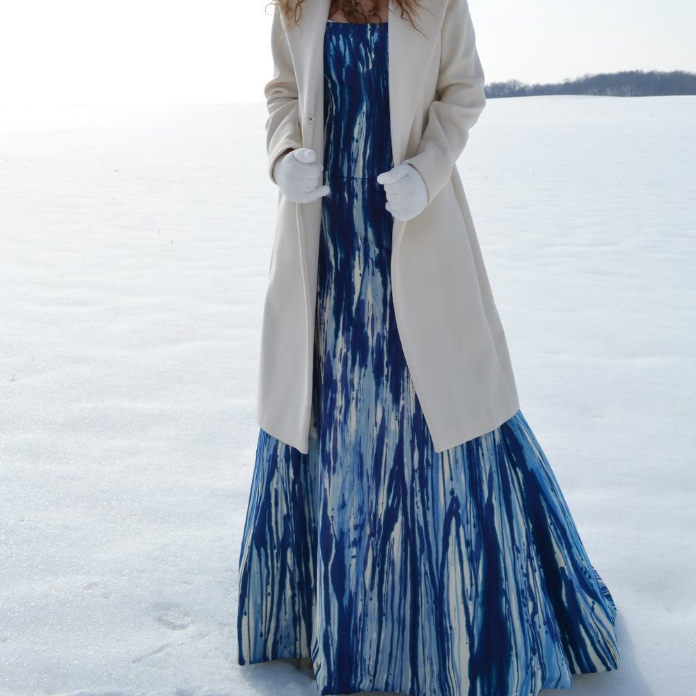 NEW silk Monique Lhuillier painted couture Wedding Dress white blue ivory tiedye - Picture 3 of 16